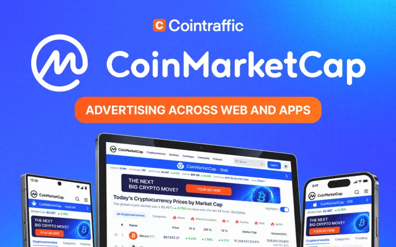 Cointraffic and CoinMarketCap logos above web, Android and iOS icons with a CPM label