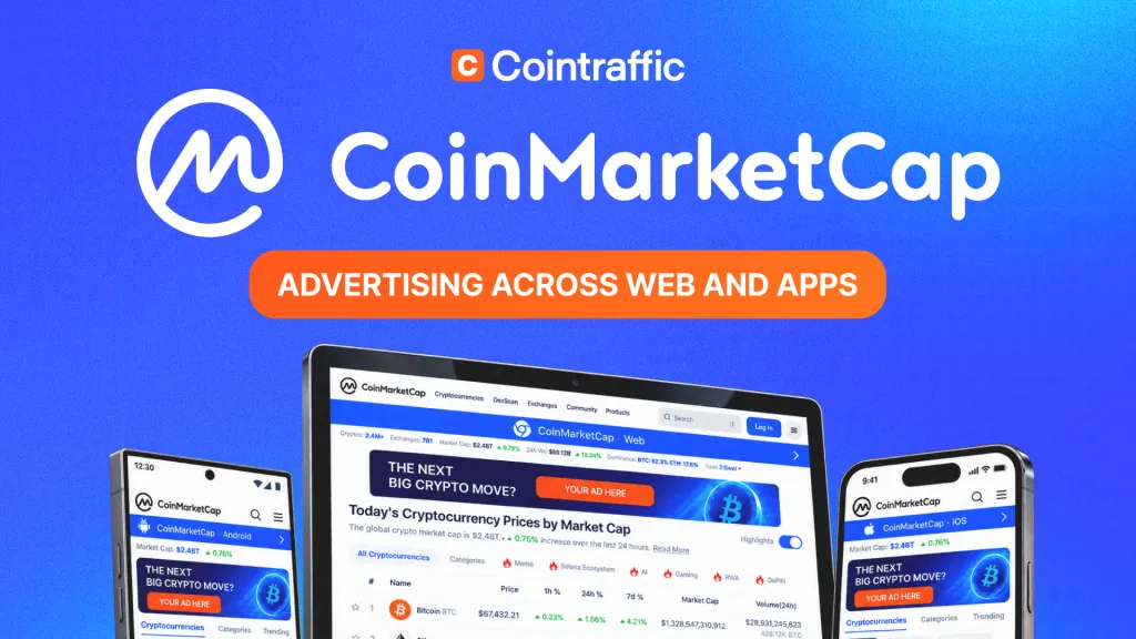 Cointraffic and CoinMarketCap logos above web, Android and iOS icons with a CPM label